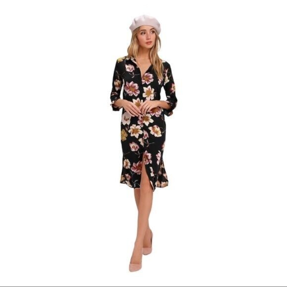 Lulu's Dresses & Skirts - Lulus Mary Anne Black Floral Print Midi Shirt Dress Black Large Brand NWT